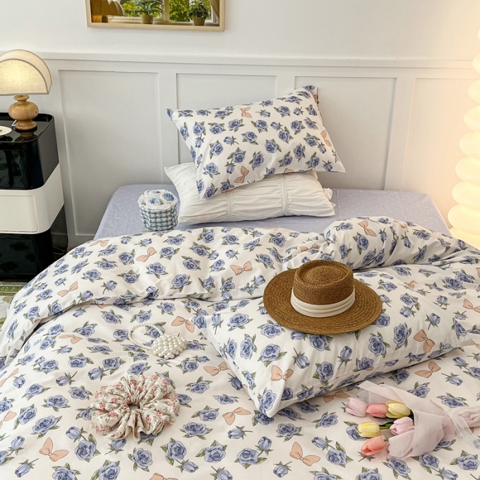 91家纺网 家纺一手货源 找家纺 昔可家纺2022新款奶呼呼卧室四件套 蓝玫瑰蝴蝶结