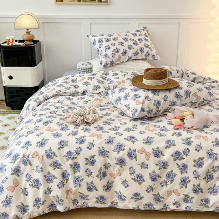 91家纺网 家纺一手货源 找家纺 昔可家纺2022新款奶呼呼卧室四件套 蓝玫瑰蝴蝶结