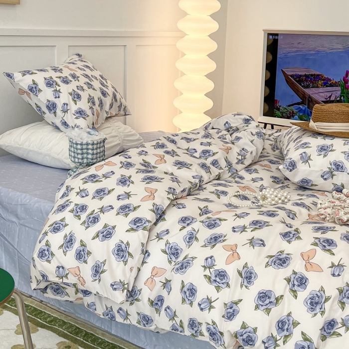 91家纺网 家纺一手货源 找家纺 昔可家纺2022新款奶呼呼卧室四件套 蓝玫瑰蝴蝶结