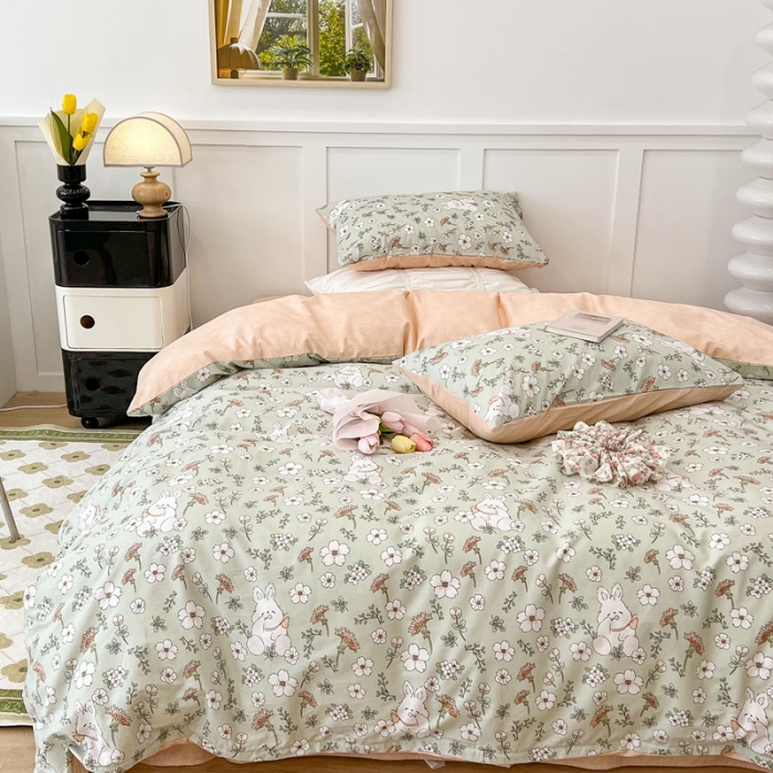 91家纺网 家纺一手货源 找家纺 昔可家纺2022新款奶呼呼卧室四件套 绿茵兔