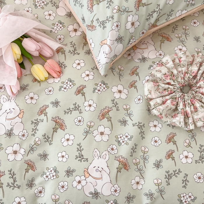 91家纺网 家纺一手货源 找家纺 昔可家纺2022新款奶呼呼卧室四件套 绿茵兔