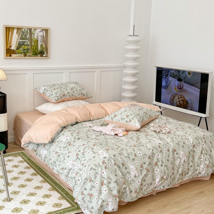 91家纺网 家纺一手货源 找家纺 昔可家纺2022新款奶呼呼卧室四件套 绿茵兔