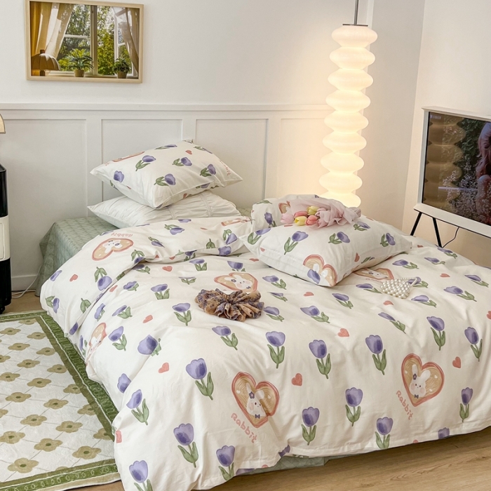 91家纺网 家纺一手货源 找家纺 昔可家纺2022新款奶呼呼卧室四件套 紫色郁金香小兔