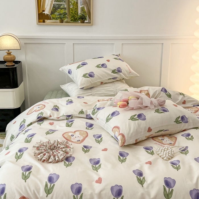 91家纺网 家纺一手货源 找家纺 昔可家纺2022新款奶呼呼卧室四件套 紫色郁金香小兔
