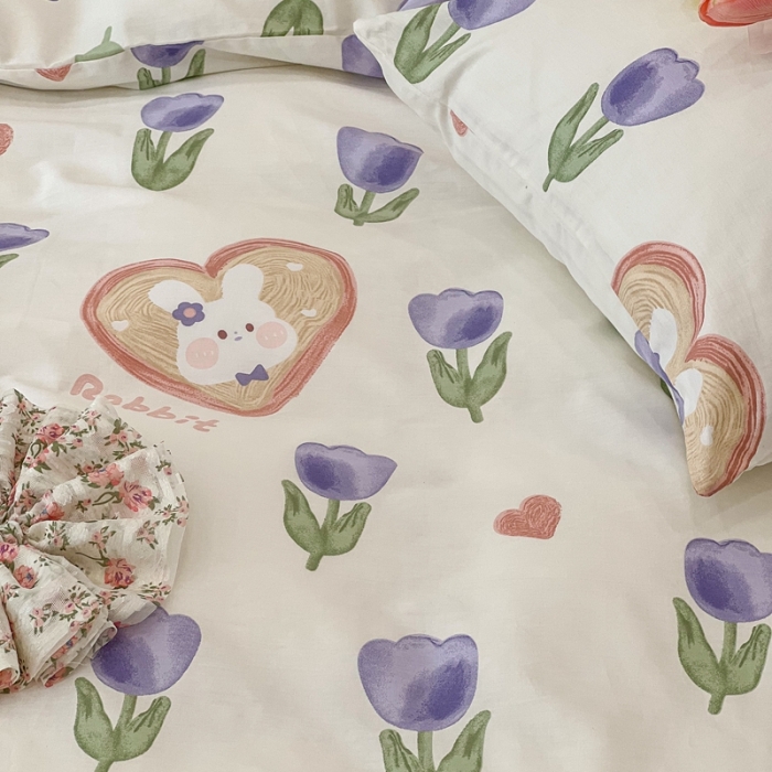 91家纺网 家纺一手货源 找家纺 昔可家纺2022新款奶呼呼卧室四件套 紫色郁金香小兔