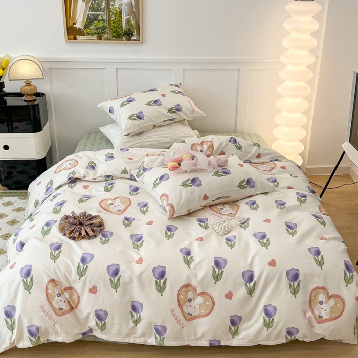 91家纺网 家纺一手货源 找家纺 昔可家纺2022新款奶呼呼卧室四件套 紫色郁金香小兔
