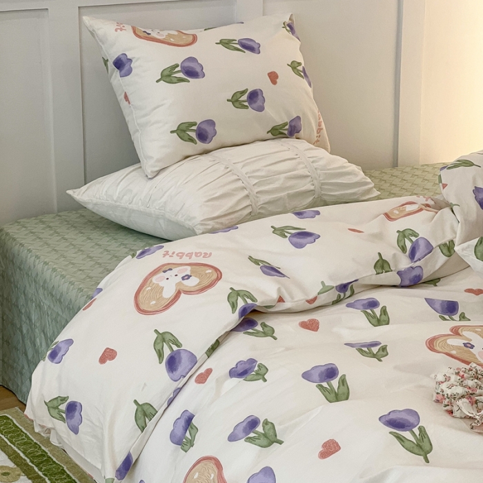 91家纺网 家纺一手货源 找家纺 昔可家纺2022新款奶呼呼卧室四件套 紫色郁金香小兔