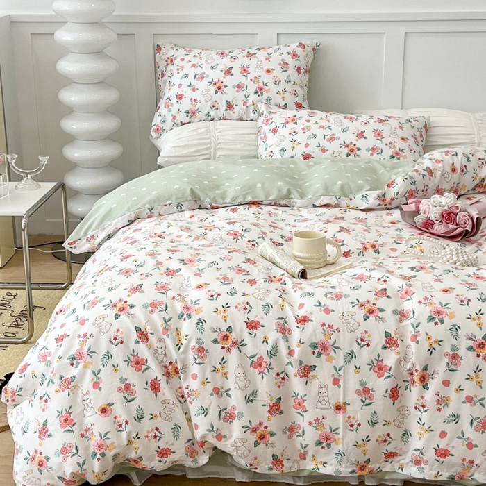 91家纺网 家纺一手货源 找家纺 昔可家纺2022新款梦幻花园系列全棉四件套 爱丽丝兔