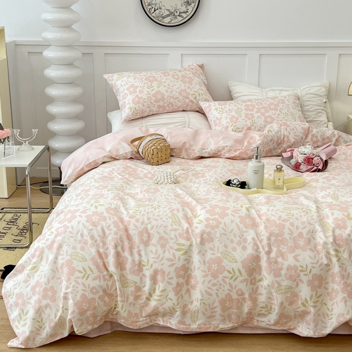 91家纺网 家纺一手货源 找家纺 昔可家纺2022新款梦幻花园系列全棉四件套 春日小粉花