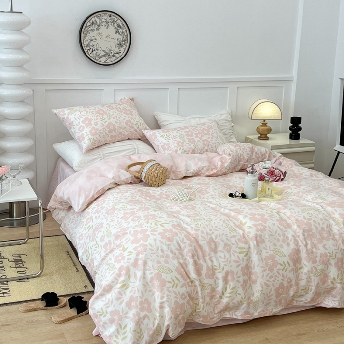 91家纺网 家纺一手货源 找家纺 昔可家纺2022新款梦幻花园系列全棉四件套 春日小粉花