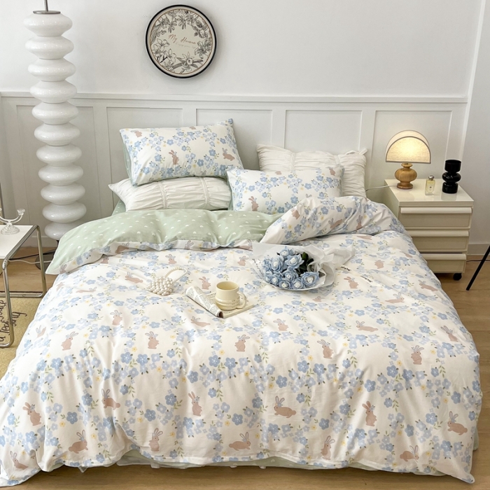 91家纺网 家纺一手货源 找家纺 昔可家纺2022新款梦幻花园系列全棉四件套 朵拉兔