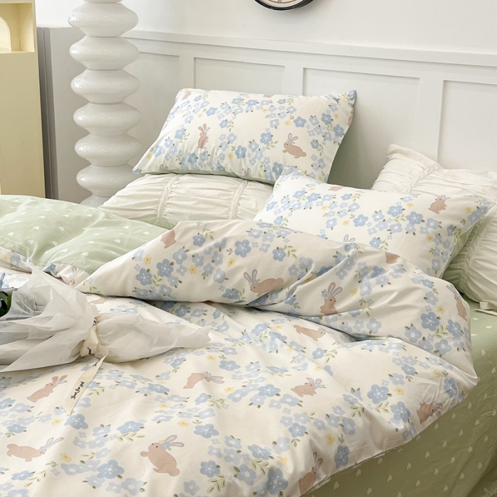 91家纺网 家纺一手货源 找家纺 昔可家纺2022新款梦幻花园系列全棉四件套 朵拉兔
