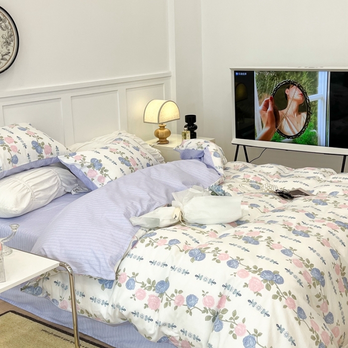 91家纺网 家纺一手货源 找家纺 昔可家纺2022新款梦幻花园系列全棉四件套 梨花少女