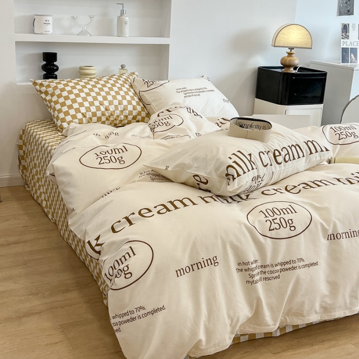 91家纺网 家纺一手货源 找家纺 昔可家纺2022新款棋盘格字母系列四件套 咖牛奶