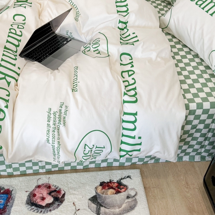 91家纺网 家纺一手货源 找家纺 昔可家纺2022新款棋盘格字母系列四件套 绿牛奶