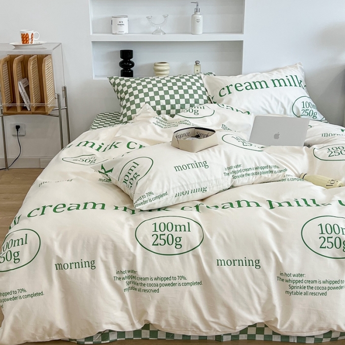 91家纺网 家纺一手货源 找家纺 昔可家纺2022新款棋盘格字母系列四件套 绿牛奶