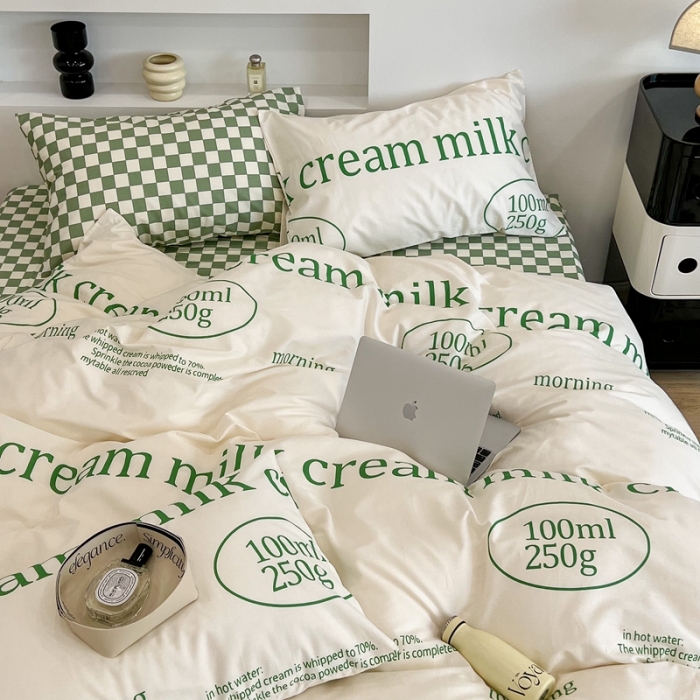 91家纺网 家纺一手货源 找家纺 昔可家纺2022新款棋盘格字母系列四件套 绿牛奶