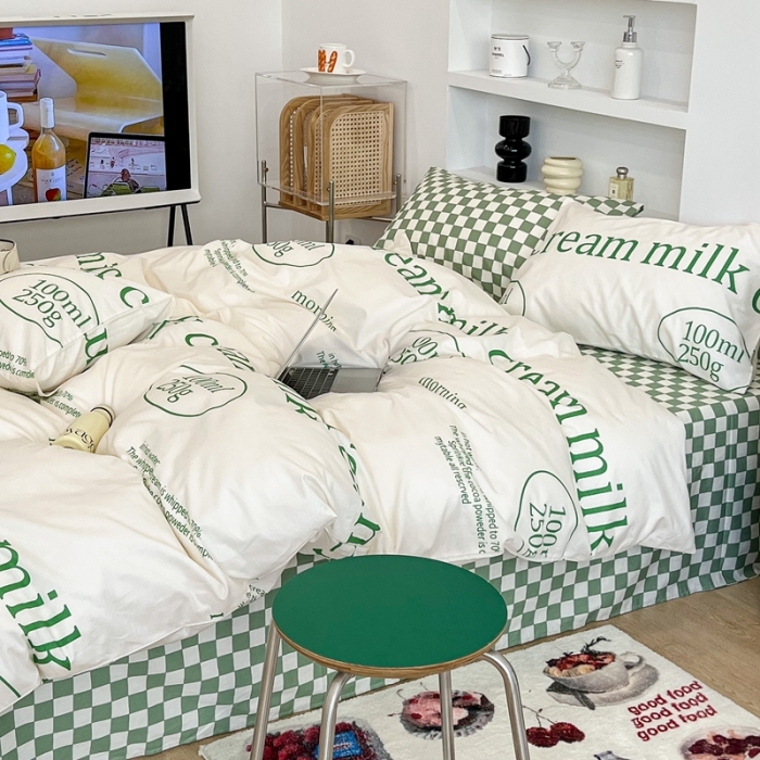 91家纺网 家纺一手货源 找家纺 昔可家纺2022新款棋盘格字母系列四件套 绿牛奶