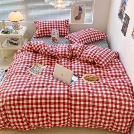 91家纺网 家纺一手货源 找家纺 昔可家纺2022新款学生季格子全棉四件套 苏格兰红格