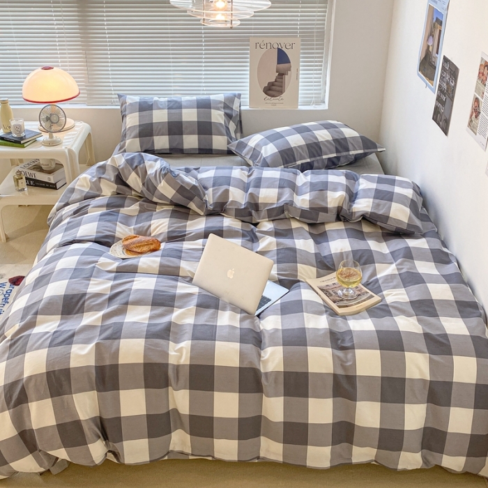 91家纺网 家纺一手货源 找家纺 昔可家纺2022新款学生季格子全棉四件套 加州灰格