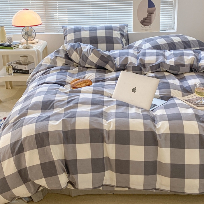 91家纺网 家纺一手货源 找家纺 昔可家纺2022新款学生季格子全棉四件套 加州灰格