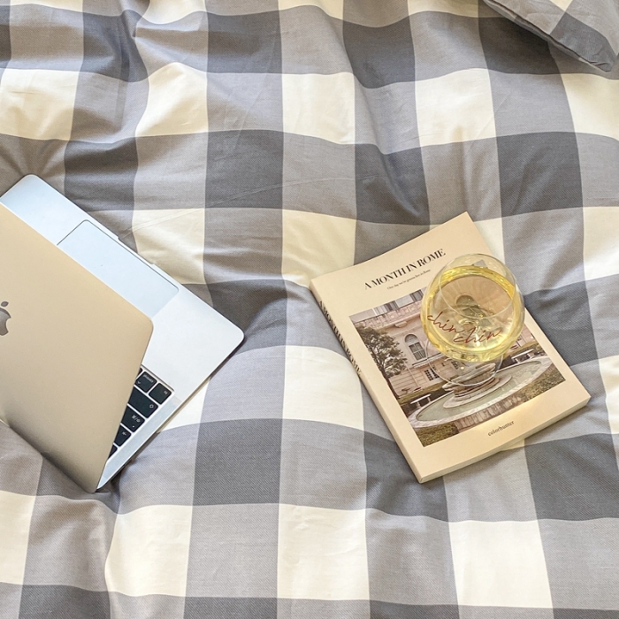 91家纺网 家纺一手货源 找家纺 昔可家纺2022新款学生季格子全棉四件套 加州灰格