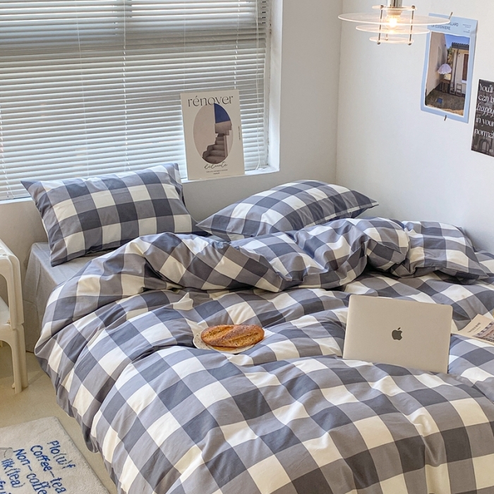 91家纺网 家纺一手货源 找家纺 昔可家纺2022新款学生季格子全棉四件套 加州灰格