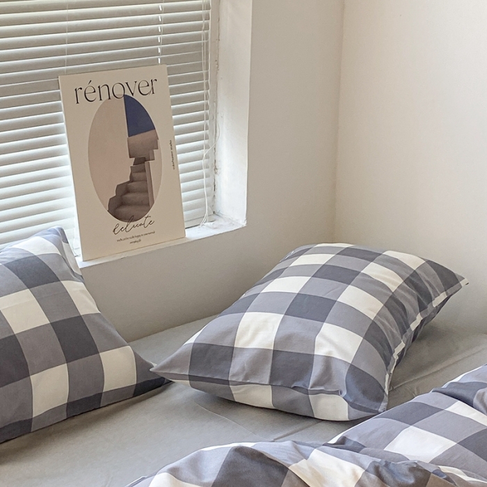 91家纺网 家纺一手货源 找家纺 昔可家纺2022新款学生季格子全棉四件套 加州灰格