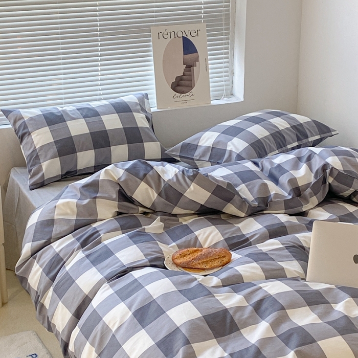 91家纺网 家纺一手货源 找家纺 昔可家纺2022新款学生季格子全棉四件套 加州灰格