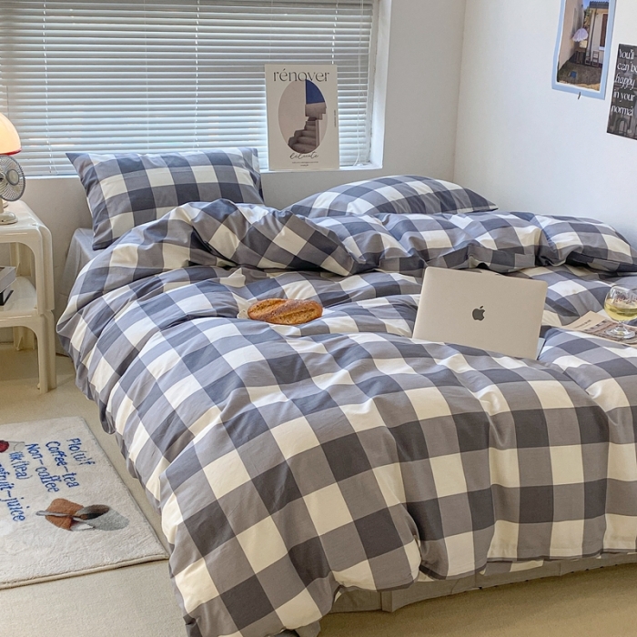 91家纺网 家纺一手货源 找家纺 昔可家纺2022新款学生季格子全棉四件套 加州灰格