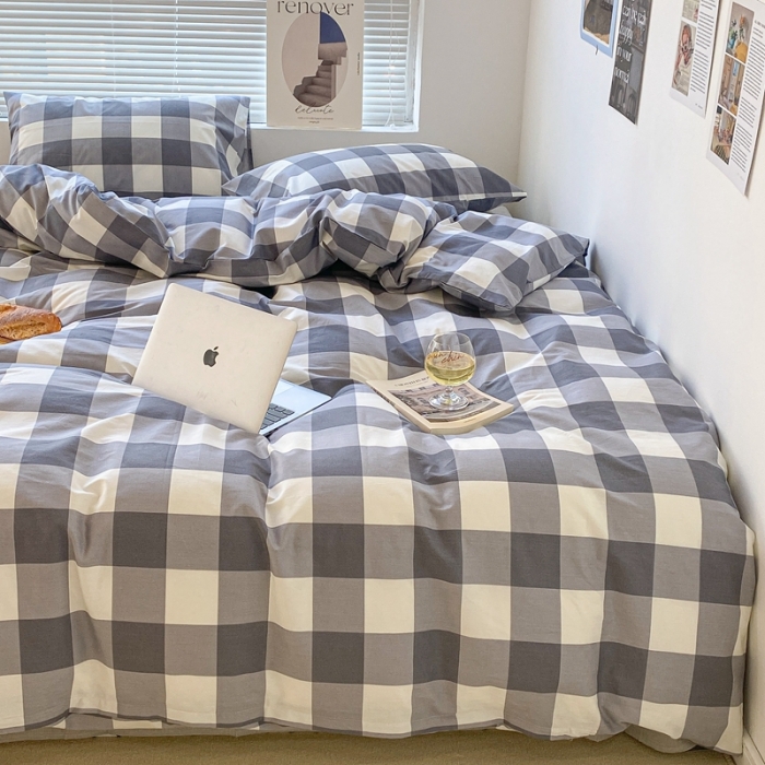 91家纺网 家纺一手货源 找家纺 昔可家纺2022新款学生季格子全棉四件套 加州灰格