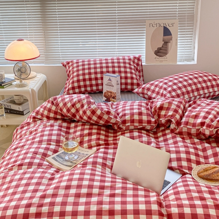 91家纺网 家纺一手货源 找家纺 昔可家纺2022新款学生季格子全棉四件套 苏格兰红格