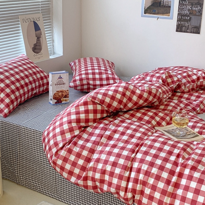 91家纺网 家纺一手货源 找家纺 昔可家纺2022新款学生季格子全棉四件套 苏格兰红格