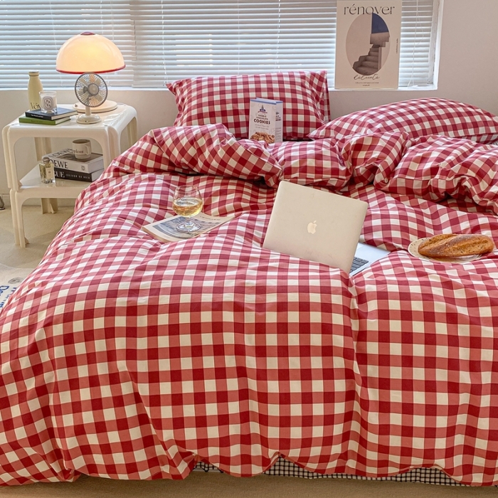 91家纺网 家纺一手货源 找家纺 昔可家纺2022新款学生季格子全棉四件套 苏格兰红格