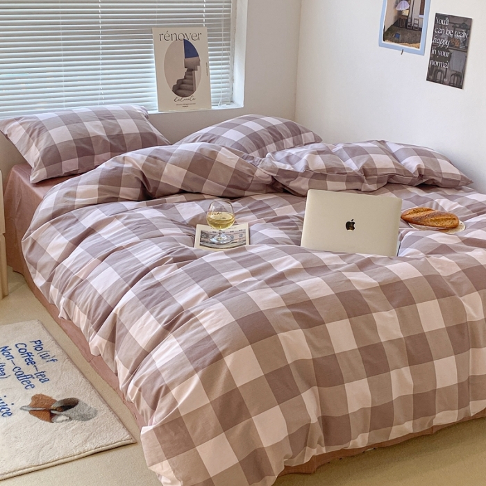 91家纺网 家纺一手货源 找家纺 昔可家纺2022新款学生季格子全棉四件套 香雾粉格