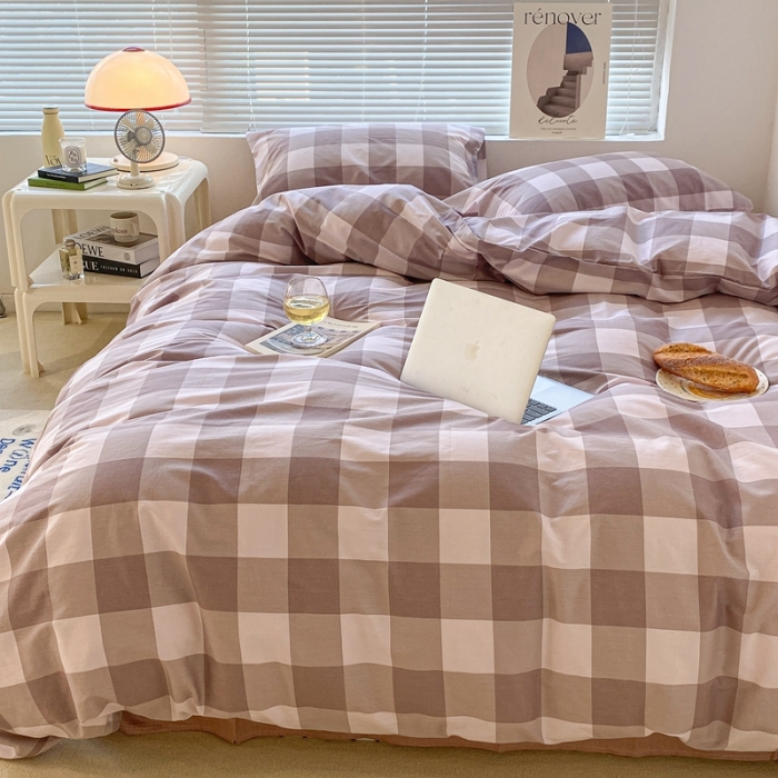 91家纺网 家纺一手货源 找家纺 昔可家纺2022新款学生季格子全棉四件套 香雾粉格