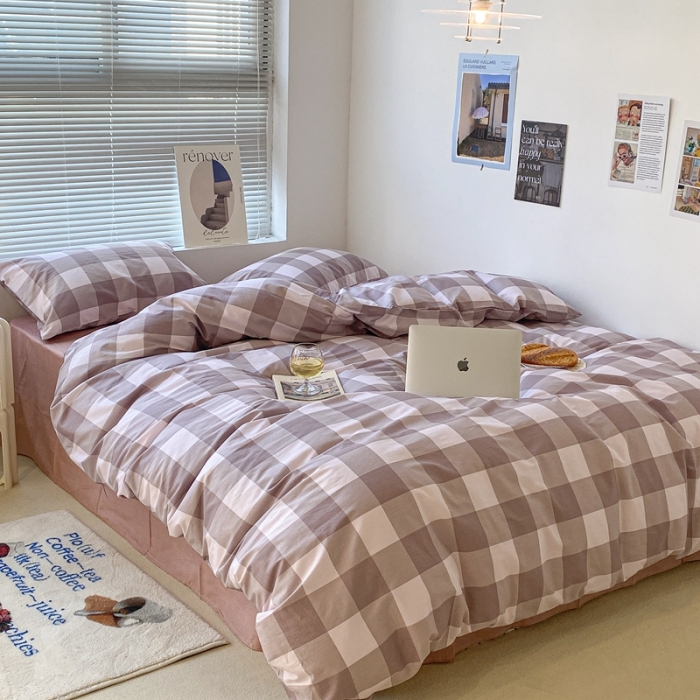 91家纺网 家纺一手货源 找家纺 昔可家纺2022新款学生季格子全棉四件套 香雾粉格