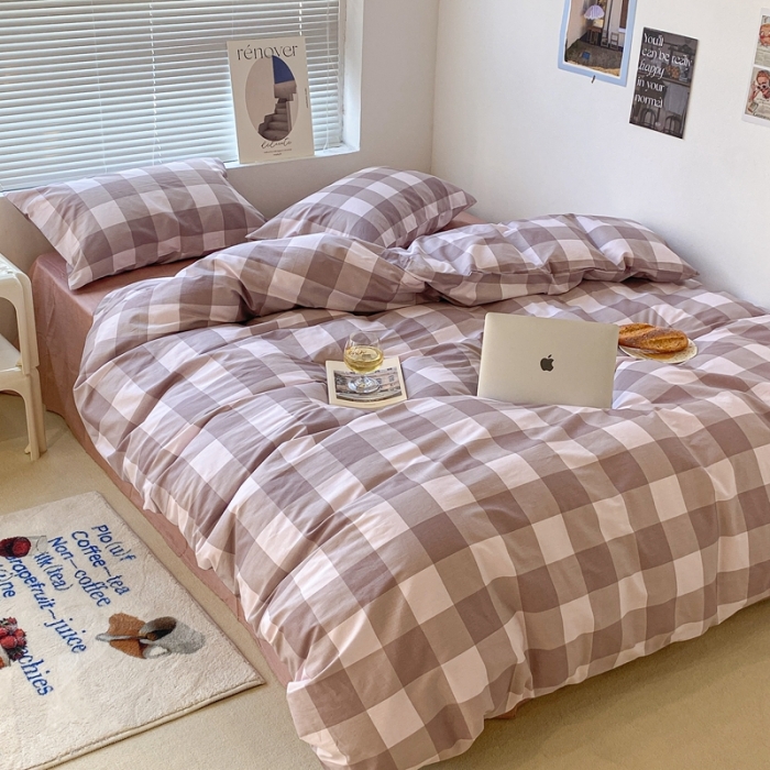 91家纺网 家纺一手货源 找家纺 昔可家纺2022新款学生季格子全棉四件套 香雾粉格