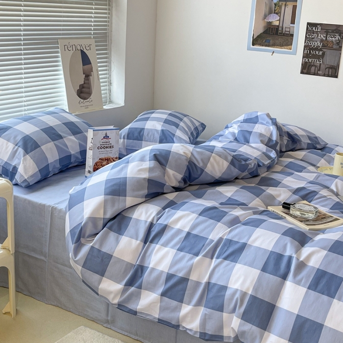 91家纺网 家纺一手货源 找家纺 昔可家纺2022新款学生季格子全棉四件套 云雾蓝格