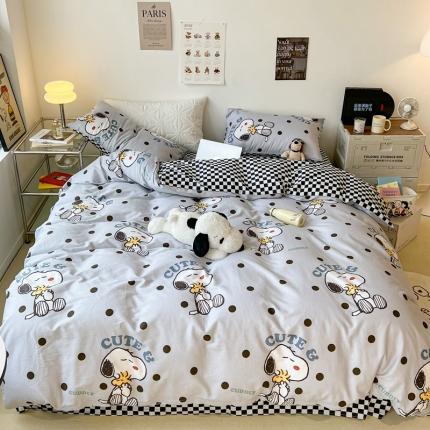 91家纺网 家纺一手货源 找家纺 昔可家纺2022新款正版授权史努比全棉四件套 黑波点史努比