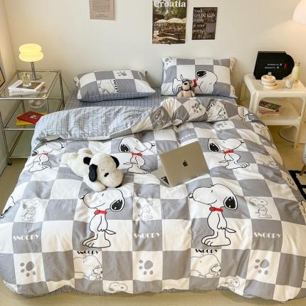 91家纺网 家纺一手货源 找家纺 昔可家纺2022新款正版授权史努比全棉四件套 灰格史努比