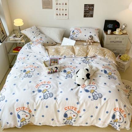 91家纺网 家纺一手货源 找家纺 昔可家纺2022新款正版授权史努比全棉四件套 蓝波点史努比