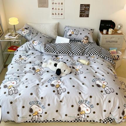 昔可家纺2022新款正版授权史努比全棉四件套 黑波点史努比