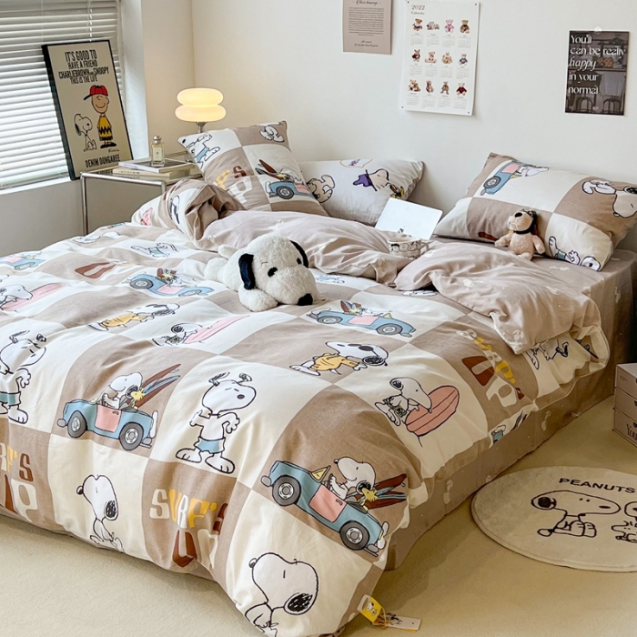 91家纺网 家纺一手货源 找家纺 昔可家纺2022新款正版授权史努比全棉四件套 假期旅行咖