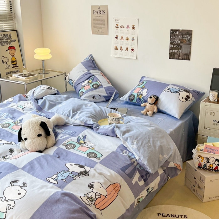 91家纺网 家纺一手货源 找家纺 昔可家纺2022新款正版授权史努比全棉四件套 假期旅行紫