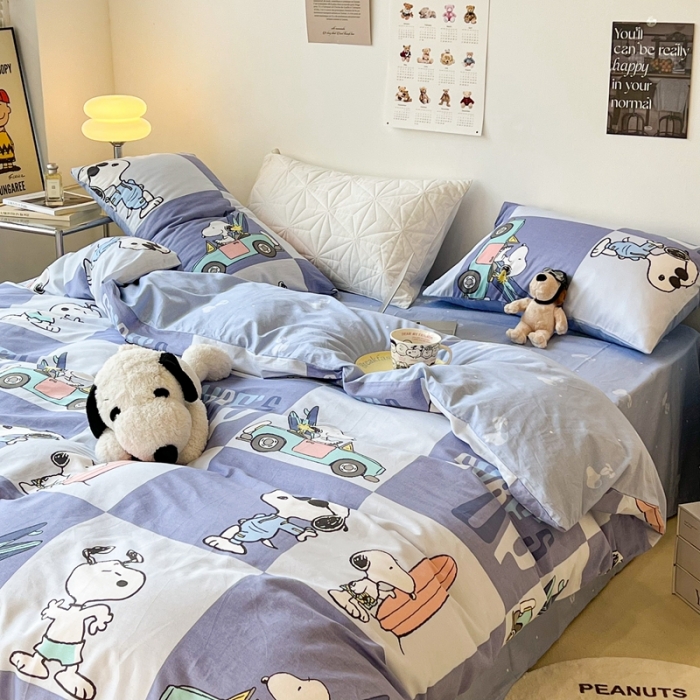 91家纺网 家纺一手货源 找家纺 昔可家纺2022新款正版授权史努比全棉四件套 假期旅行紫