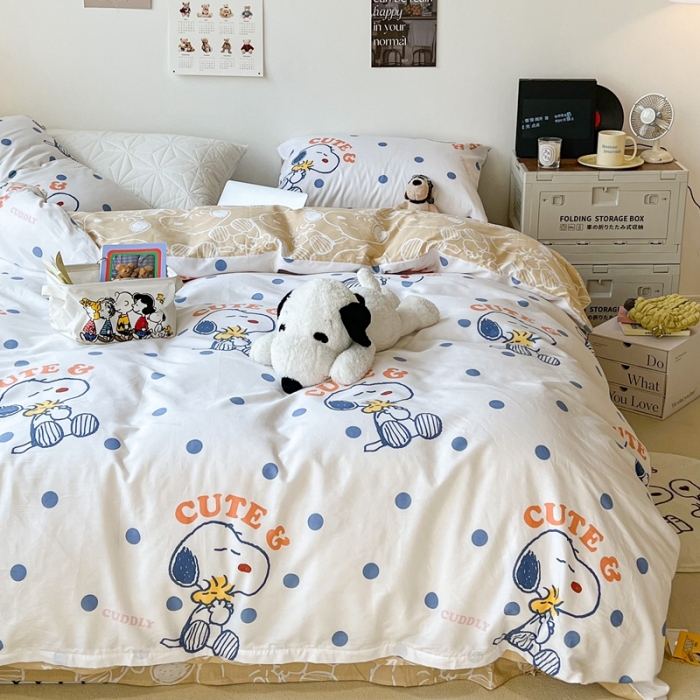 91家纺网 家纺一手货源 找家纺 昔可家纺2022新款正版授权史努比全棉四件套 蓝波点史努比