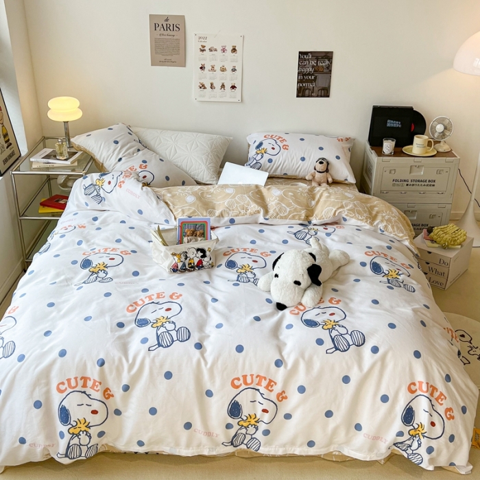 91家纺网 家纺一手货源 找家纺 昔可家纺2022新款正版授权史努比全棉四件套 蓝波点史努比