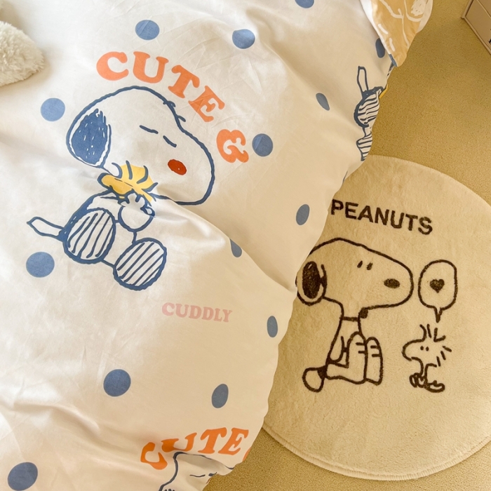 91家纺网 家纺一手货源 找家纺 昔可家纺2022新款正版授权史努比全棉四件套 蓝波点史努比