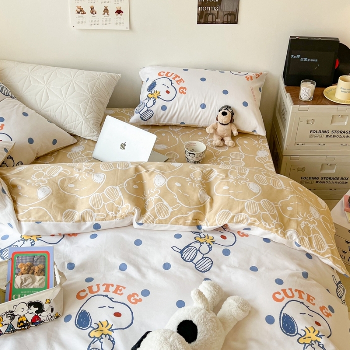 91家纺网 家纺一手货源 找家纺 昔可家纺2022新款正版授权史努比全棉四件套 蓝波点史努比